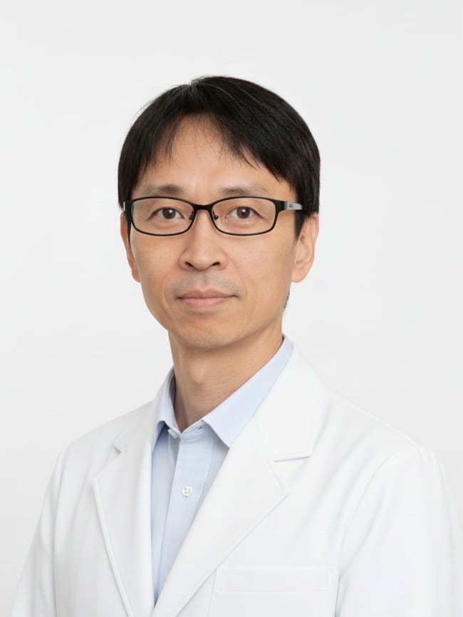 Man wearing glasses and white lab coat.