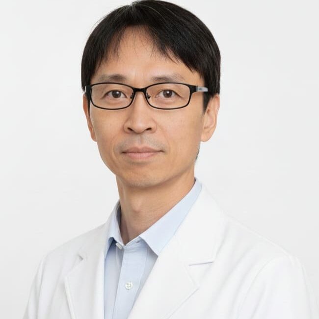 Man wearing glasses and white lab coat.